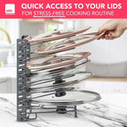 BTH Adjustable Pot Lid Organizer for Cabinet - Kitchen Storage Rack 6 Adjustable Shelves, Pot Lid Holder, Pan and Pot Rack Organizer, Pantry & Inside Cabinet Organizer (13” Clearance)