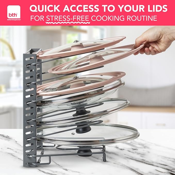 BTH Adjustable Pot Lid Organizer for Cabinet - Kitchen Storage Rack 6 Adjustable Shelves, Pot Lid Holder, Pan and Pot Rack Organizer, Pantry & Inside Cabinet Organizer (13” Clearance)