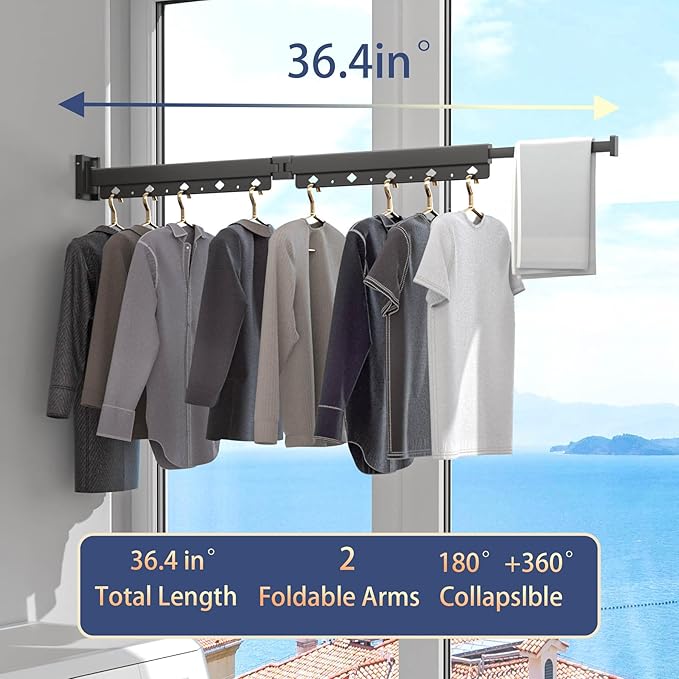 Clothes Drying Rack, Retractable and Foldable Laundry Drying Rack Wall Mount for Indoor, Space Saver Clothes Hanging Rack for Laundry Room, Balcony, Closet, Bedroom(Double-Fold), Black
