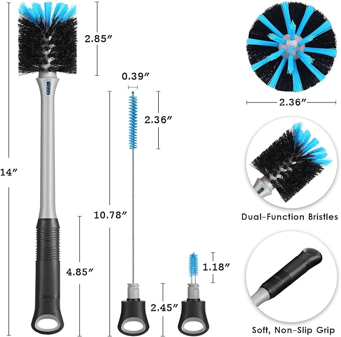 3-in-1 Bottle Brush with Straw Cleaning Brush and Nipple Cleaner, Long Handle Water Bottle Scrubbing Brush, Built for Cleaning Sport Bottles, Baby Bottles, Coffee Mugs, Flask