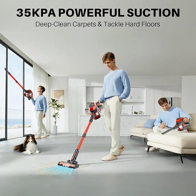 Cordless Vacuum Cleaner - Lightweight, 35Kpa Home Stick Vacuum, Smart Display & Removable Battery, Up to 45 Mins, 8 in 1 Portable Handhled Vacuum, Wall Mount Charging for Hardfloor, Carpet Red