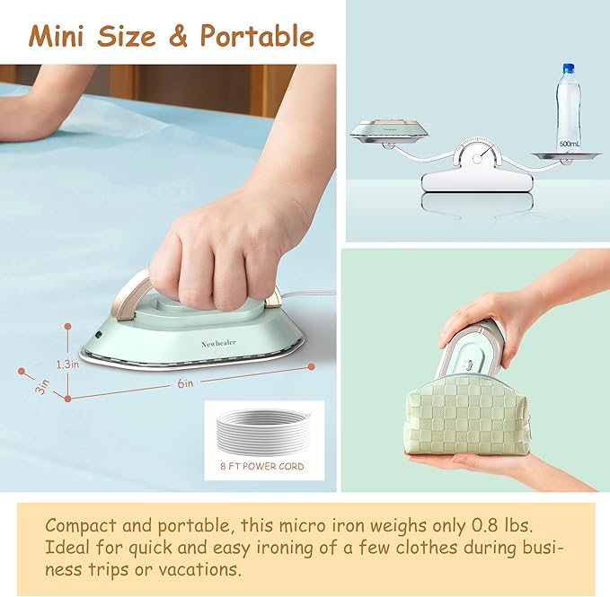 Newbealer Travel Iron with Global Voltage, 100-240V Mini Dry Iron for Clothes (No Steam), Max 300W, 60s Heat Up, 302℉ Non-Stick Ceramic Soleplate, 0.8lbs Ultra-Lightweight (Green)