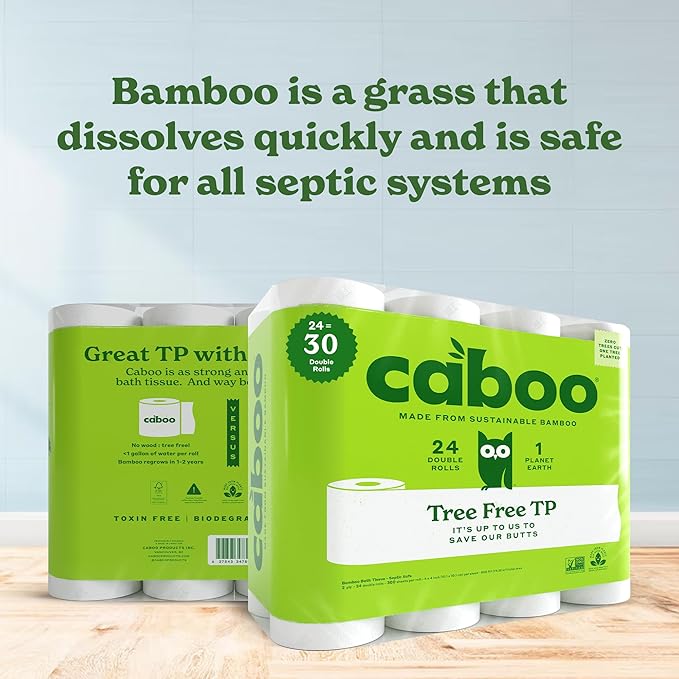 Caboo Tree Free Toilet Paper, Septic Safe Toilet Tissue, Non Toxic, Chemical Free, Non Toxic, 2 Ply Bathroom Toilet Paper | Pack of 24 Double Rolls, 300 Sheets Per Roll