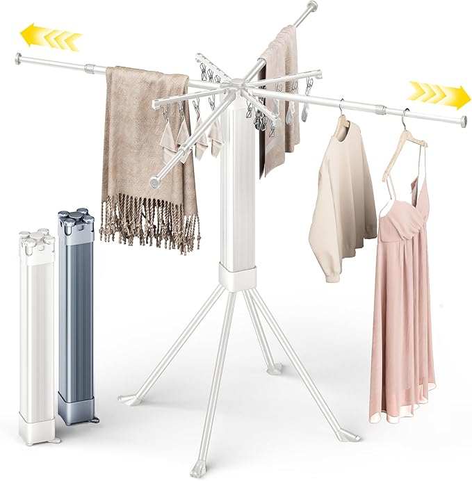 BIREN Clothes Drying Rack Foldable Extending Laundry Rack with 16 Clips Collapsible Clothing Rack Space-Saving Clothing Racks for Hanging Clothes, Indoor, Camping, Balcony, Outdoor