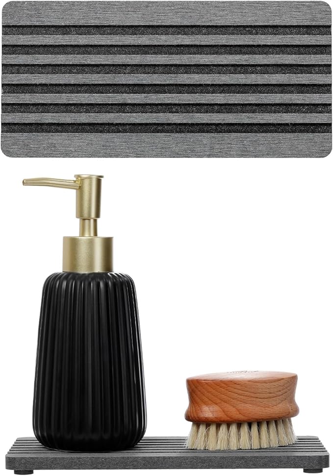 2PCS Diatomite Quick Stone Drying Tray Mat For Bathroom & Kitchen Counter, Instant Dry Water Absorbent Drink Bar Coaster,Vanity Sink Caddy Organizer,Dish Soap Sponge Holders, Charcoal,8"x3.8"