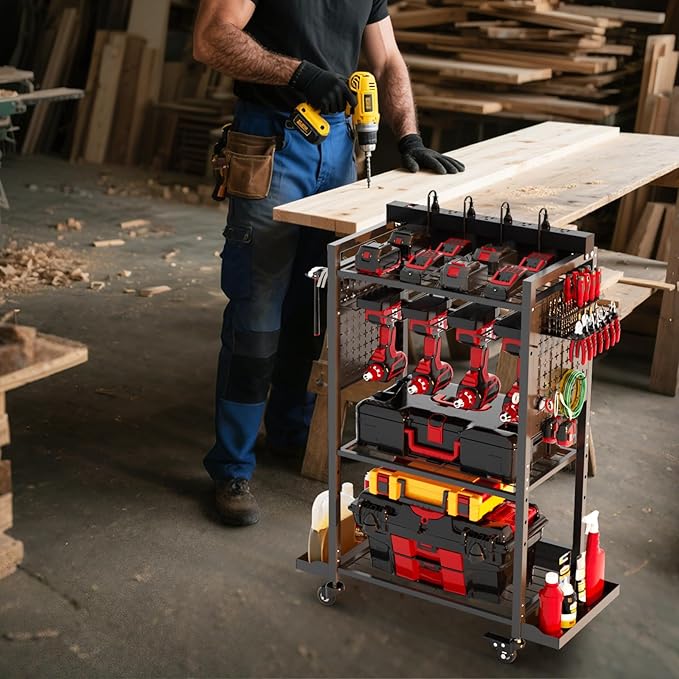 Power Tool Organizer Cart with 8 Power Outlet & Adjustable Storage, Garage Workshop Tool Box Cart, Gifts for Men