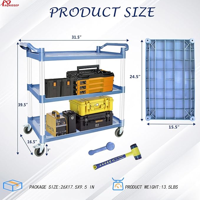 AQNIEGEP Utility Cart with Wheels, 510lbs Heavy-Duty Food Kitchen Cart & Rolling Service Cart for Restaurant Commercial Office, Lockable Wheels & Tool-Free Assembly, 3-Tier, Grey