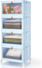 4 Tier Stackable Plastic Storage Bins with Lid and Wheels - 23 QT Closet Organizers and Storage, Foldable Storage Containers, Organization and Storage Boxes for Craft, Home, Pantry, Dorm,Blue