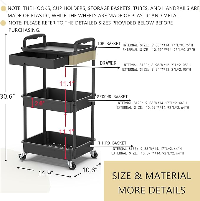 Goovilla 3 Tier Rolling Utility Cart Organizer with Removable Drawer, Stable and Sturdy Black Rolling Storage Carts with 2 Lockable Wheels for Bathroom, Kitchen, Snack, Craft, Makeup, Baby Essentials