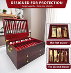 Silverware Storage Box, Kitchen Drawer Organizer, Drawer-containing flap-type storage box, Wood Chest, with Tarnish Proof Felt Lined, Storage Silver Chest for Kitchen (3 layer)