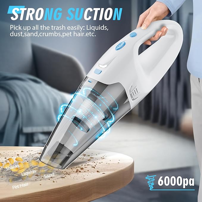 FUOAYOC Handheld Vacuum Cordless, 6KPA Strong Suction & 25 Mins Runtime, 1.6lbs Lightweight Hand Vacuum Cordless Rechargeable with HEPA Filter/LED Light/Multi-Accessories,for Home/Car/Office Cleaning