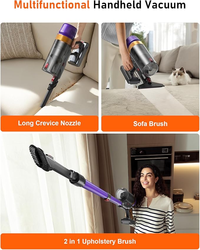 Cordless Vacuum Cleaner, 580W 50KPA 70Mins Upgraded Stick Vacuum Cleaners for Home, Wireless Vacumm with Self-Standing and Touch Screen, Anti-Tangle Brush for Hardwood Floor/Carpet/Pet Hair