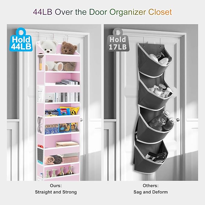 Over the Door Organizer Closet,5 Bins 10 Side Pockets,Hanging Door Organizer,Anti Tilt 44 lbs Load Organizers and Storage with Clear Window for Bedroom,Nursery,Rv,Bathroom,Camper(Pink)