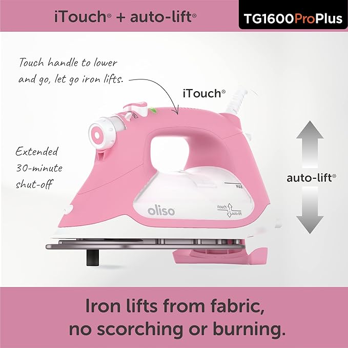 oliso TG1600 ProPlus Smart Iron with Auto-Lift – 1800 Watt Steam Iron for Clothes, Sewing, Quilting & Crafting – Diamond Ceramic-Flow Soleplate, Rosé
