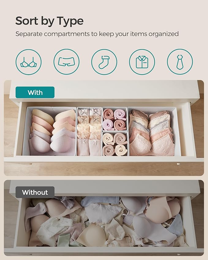 SONGMICS Drawer Organizers, Dresser Divider Organizers, Set of 18, Foldable Fabric Storage Boxes for Socks, Underwear, Bras, Ties, Scarves, Cloud White URDZ006W03