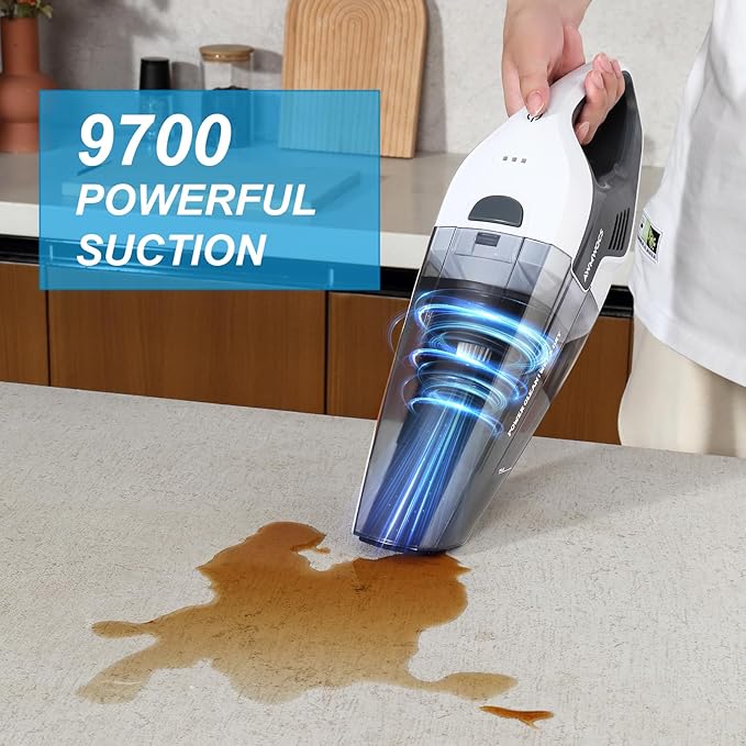 9700Pa Handheld Vacuum Cordless, 100W Portable Car Vacuum, Wet Dry Hand Held Vacuum, Lightweight Low-Noise Washable HEPA Filter Vacuum Cleaner for Car/Home/Pet/Office