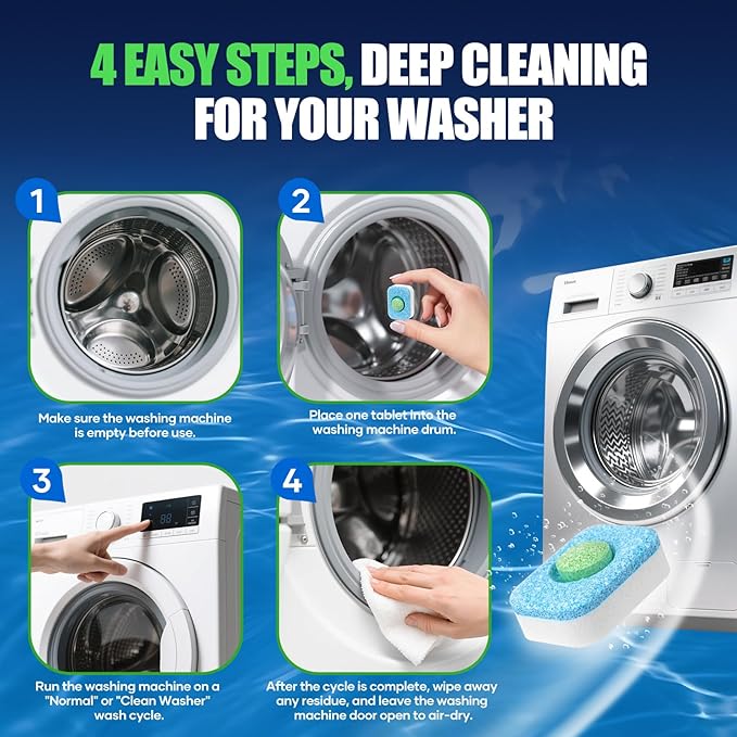 Washing Machine Cleaner Tablets - Washer Machine Cleaner Tablets for HE Front Loader & Top Load Washer, Deep Cleaning & Remove Odor, Eco-friendly Deodorizer for Septic Safe (32 Pack)