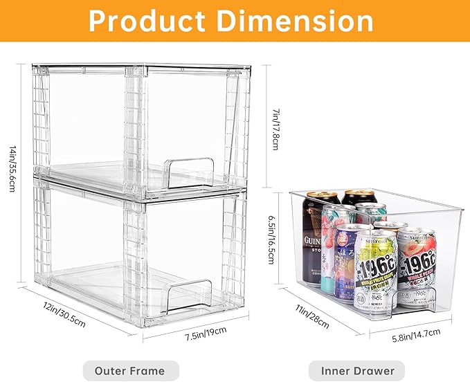 1 Pack Large Stackable Storage Drawers,Clear Acrylic Drawer Organizers with Handles, Easily Assemble for Kitchen Undersink,Bathroom,Cabinet,Makeup,Closet,Pantry,Organization and Storage