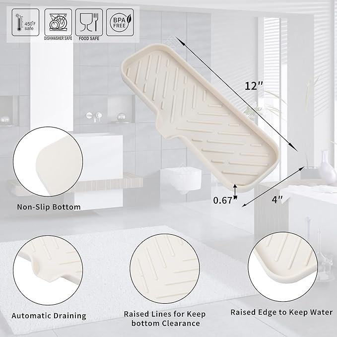 Silicone Bathroom Soap Dishes with Drain Spout-Bathroom and Kitchen Sink Organizer,Sponge Holder,Dish Soap Tray,Perfect for Dispenser,Scrubber,Bottle,Cup on Sink or Counter-Tapioca 12"×4"