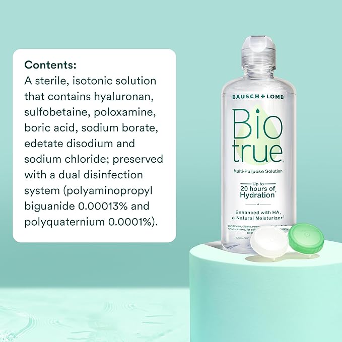 Biotrue Contact Solution, Multi-Purpose Solution with Lens Case, Cleans, Conditions, Hydrates, Disinfects, Removes Protein, Dirt & Debris, Contact Lens Cleaner & Storage, 10 Fl Oz (Pack of 2)