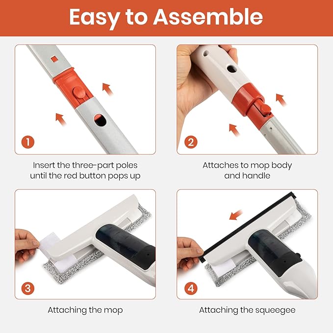 Spray Mop Window Cleaning Kit with Silicone Squeegee – Adjustable Aluminum Pole & Non-Slip Handle for Floors/Walls/Door/Windows/Cars/Bathroom, Detachable Tank & Washable Pads