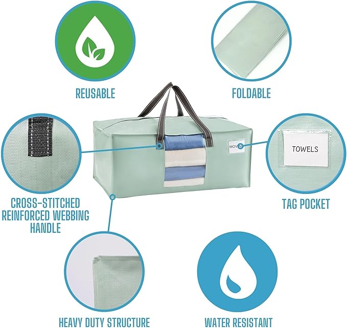 VENO 2 Pack Moving Bags for College, Heavy-Duty Storage Totes, Moving Boxes and Wardrobe Packing Supplies Alternative - Extra Large Durable Laundry Bags for Clothes (Shiny Light Green, 2 Pack)