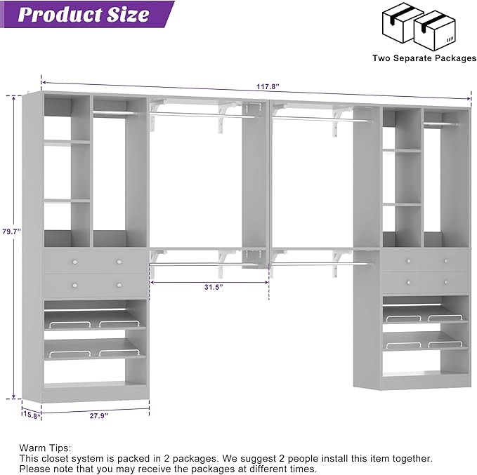 [10 FT Closet System] 120 Inch Reversible Set of 2 Wood Closet Organizer System with 4 Drawers, 6 Hanging Rods Adjustable Shelf, Shoe Rack, Morandi Grey