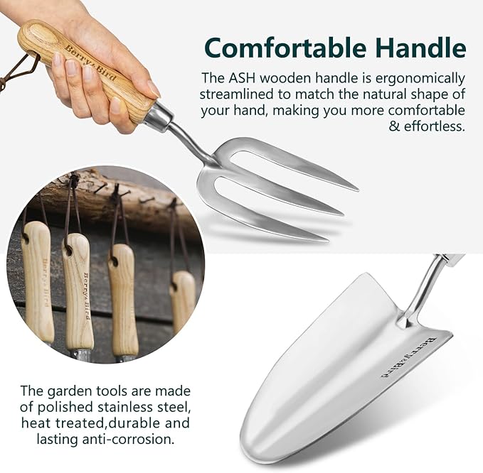Berry&Bird Garden Tool Set- 3PCS Stainless Steel Gardening Tool Sets with Wooden Handle Trowel Weeding Fork & Digging Shovel Hand Tool Kit for Planting, Ideal Gardening Gift for Women & Men