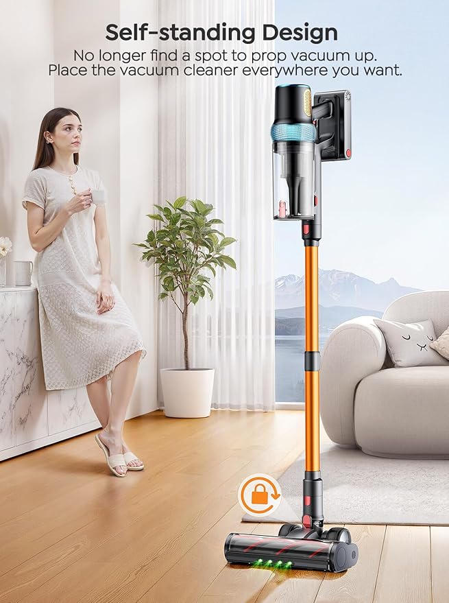 Cordless Vacuum Cleaner, Upgraded 600W 50Kpa 65Mins Vacuum Cleaners for Home, LED Touch Screen Stick Vacuum with Rechargeable Wall Mount & 3.3Ft Extendable Hose for Carpets/Pet Hair/All Floor