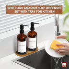 GMISUN Amber Glass Soap Dispenser, 2 Pack Bathroom Hand Soap Dispensers with Bamboo Tray, 17 Fl Oz Kitchen Hand and Dish Soap Dispenser Set, Modern Vintage Liquid Brown Soap Dispensers Bottle