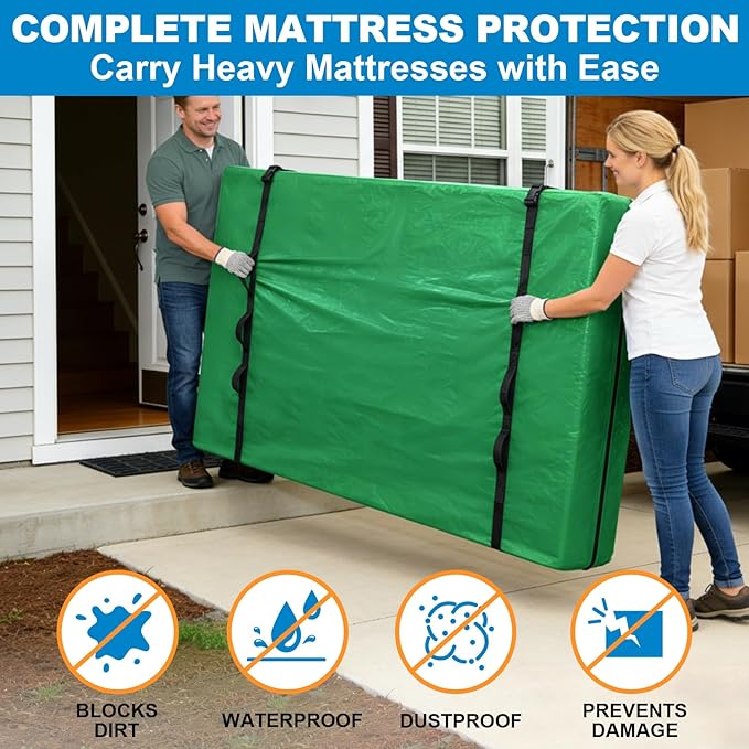 TICONN Mattress Bags for Moving, Heavy Duty Full XL Mattress Cover Storage Bag with Full-Around Handle and Adjustable Buckles (Green, Full XL)