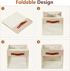 Storage Cube Organizer with Clear Window, Linen Collapsible Storage Boxes with PU Handles, Cube Storage Bins for Shelf, Closet, Cabinet, Bookcase (10.5x10.5x11, Khaki)