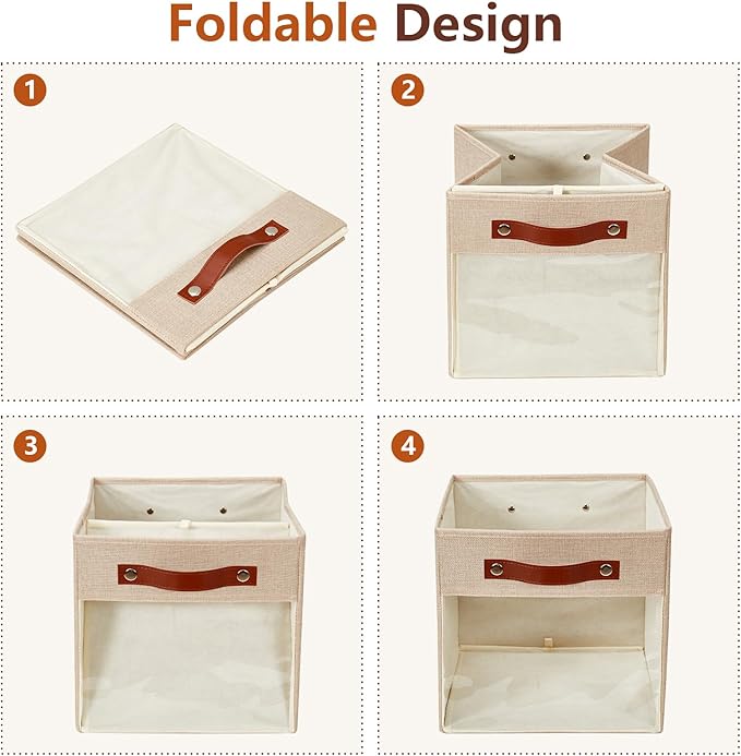 Storage Cube Organizer with Clear Window, Linen Collapsible Storage Boxes with PU Handles, Cube Storage Bins for Shelf, Closet, Cabinet, Bookcase (10.5x10.5x11, Khaki)