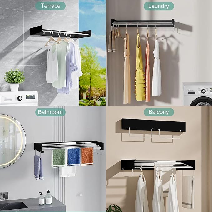 Wall Mounted Laundry Rack, Collapsible Clothes & Towel Drying Rack for Indoor & Outdoor, 60 lb Capacity, 31.5' Wide, 13.5 Linear Ft, Black