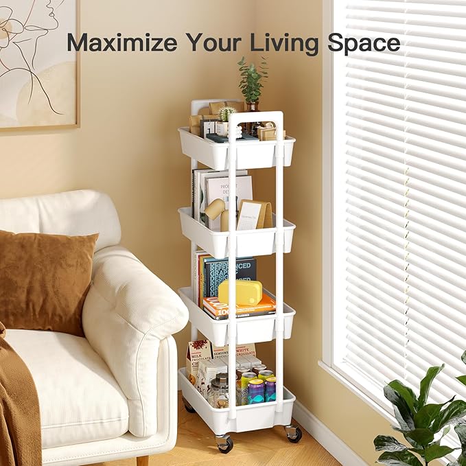 Pipishell 4 Tier Rolling Cart Organizer, Plastic Rolling Cart with Lockable Wheels & Reinforced Handle, Lightweight Utility Cart Storage Cart for Nursery, Kitchen, Bathroom, Craft Room, White, PIUC15W