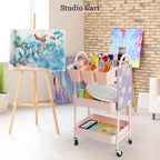 Danpinera 3-Tier Rolling Cart, Metal Storage Cart with Lockable Wheels, Hanging Cups & Hooks, Mobile Trolley for Kitchen, Bathroom, Office, Workshop, Pink