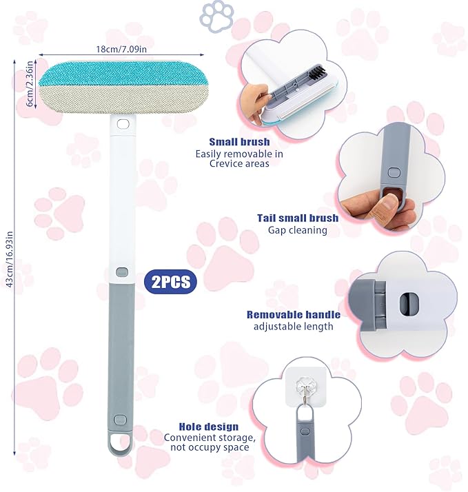 2 Pcs Multifunctional 4-in-1 Pet Hair Remover Brush & Window Screen Cleaner, Reusable Lint Brush with Long Handle，Pet Hair Removal for Furniture, Couch, Carpet, Clothes, Car Interior Cleaning