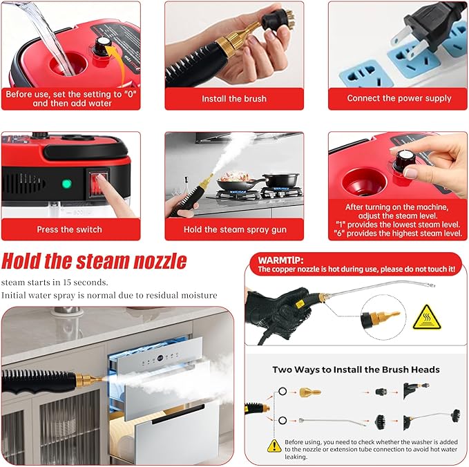 Handheld Steam Cleaner, 2500W High Pressure Steamer for Cleaning Portable Cleaning Machine with 3 Brush and 1000ml Tank for Kitchen, Floor,Toilet, Bathroom, Car Seats,Windows