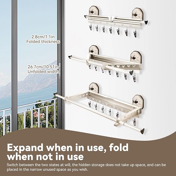 Extendable Clothing Dryer Rack, Invisible Folding Storage, Wall Mounted Drying Rack, Strong Suction Power, for Bed Linen, Clothing, Foldable Bathroom Wall Shelf (Milky White)