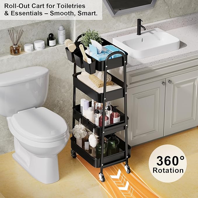 4 Tier Black Metal Rolling Cart with Lockable Wheels and Cups, Four Tiered Utility Storage Organizer on Wheels for Bathroom, Kitchen, Laundry, Garage, Office, Craft, Art, Baby Diaper, Snacks, Books