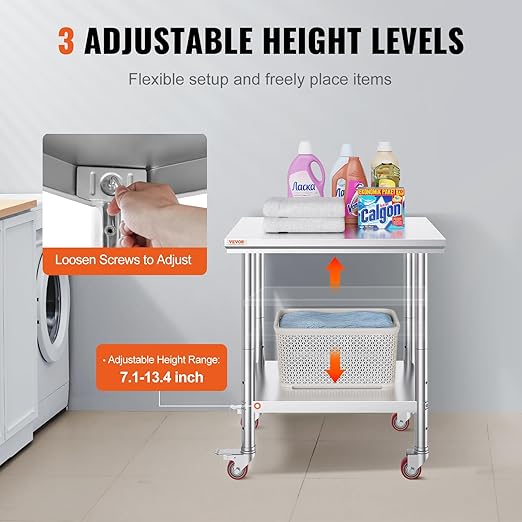 Mophorn Stainless Steel Work Table with Wheels 24 x 30 x 32 Inch Prep Table with 4 Casters Heavy Duty Work Table for Commercial Kitchen Restaurant Business, Silver and Black