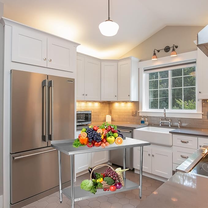 STABLEINK NSF Stainless Steel Table, 24 x 60 Inches 5ft Metal Prep & Work Table with Backsplash, Adjustable Undershelf and Table Foot, for Commercial Kitchen, Restaurant (Without Caster Wheels)