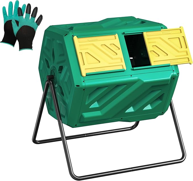 Compost Bin, Outdoor Composter, Fast Assembly 43 Gallon Dual Chamber Outdoor Compost Tumbler, Heavy Duty Tumbling Rotating Composter for Patio, Garden,Yard, Green, Easy Setup, Gloves Included