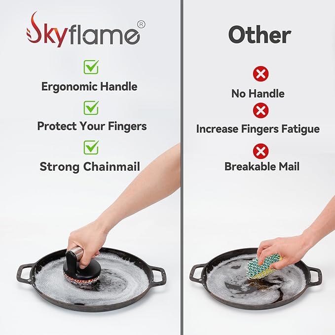 Skyflame Cast Iron Scrubber with Handle, Stainless Steel Chainmail Scrub, Skillet Cleaner/Brush for Cast Iron Pans, Griddles, Dutch Oven and Grills