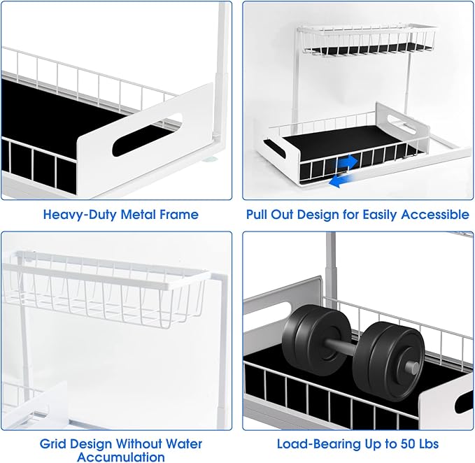 Under Sink Organizer, 2 Tier Under Sink Organizers and Storage Multi-Purpose Under Sink Storage for Bathroom Kitchen (White)