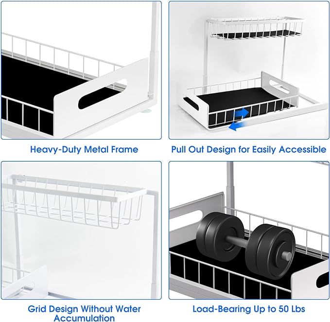 2 Pack Under Sink Organizer, 2 Tier Under Sink Organizers and Storage Multi-Purpose Under Sink Storage for Bathroom Kitchen (White)