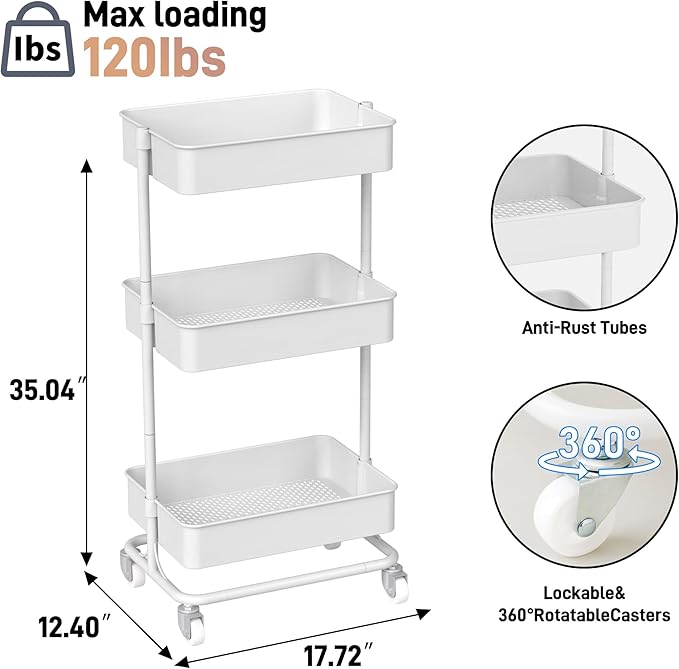 TECBOT 3 Tier Metal Rolling Cart with Wheels, Utility Storage Cart with Handle and Lockable Casters, Storage Basket Organizer Shelves, Easy Assemble for Kitchen, Living Room, Office, Nursery, White
