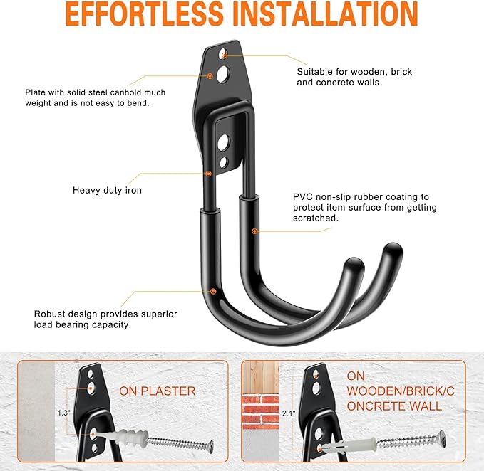 Heavy Duty Garage Hooks 4 Pack, J Shaped Hanger, Wall Mounted Storage System, Power and Garden Tool Organizer, for Hanging Ladders, Bikes Tires, Hose, Bulk Items