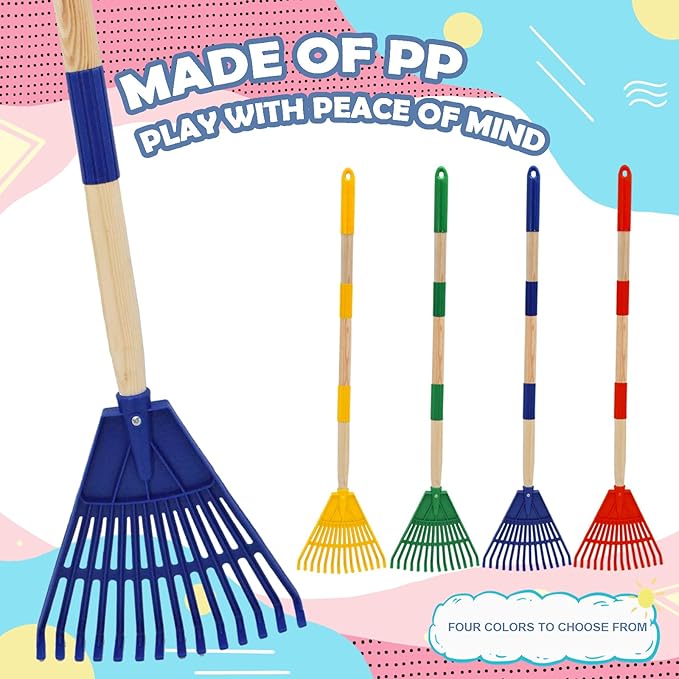 Kids Leaf Rake - 3-Section Adjustable Handle, Lightweight, Wood & Plastic, Small Garden Tool for Children (Blue+Green)