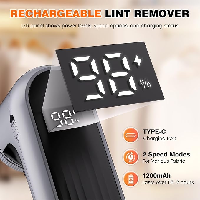 Fabric Shaver | Lint Remover with Digital Display, Electric Lint Shaver for Clothes, Sweater, and Furniture | 6-Leaf Blades, USB Rechargeable, Removes Pilling, Fuzz, Lint Balls, and Fabric Pills
